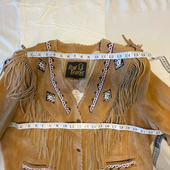 New - 2XL - Women's Brown Suede Leather Fringes Beaded Jacket - Picture 3 of 5